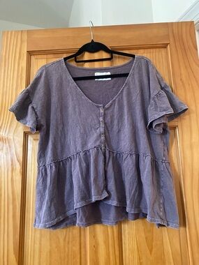 Lucky Brand Boho Peplum Top XL Purple Washed Cotton Button  Front Babydoll XL